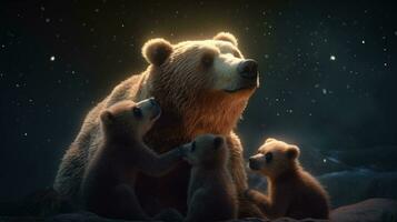 mãe Castanho Urso com dela dois filhotes. animais selvagens cena foto