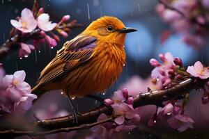 lindo pássaro em uma ramo com cereja Flor dentro a chuva foto