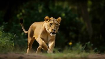 leoa corrida dentro a floresta. animais selvagens cena a partir de natureza. foto