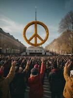 internacional dia do paz, dezembro 21º. lá estavam 2 grande quantidade do pessoas levantando seus mãos e lá estava uma grande Paz símbolo, ai gerado. foto