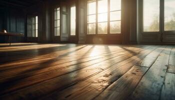 de madeira pavimentos dentro a velho apartamento, luz solar ilumina a espaço gerado de ai foto