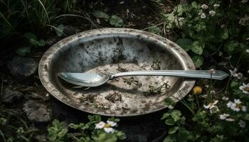frescor dentro natureza, uma sujo colher em a velho metal prato gerado de ai foto