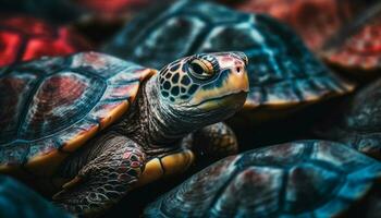 uma lento, fofa tartaruga rasteja embaixo da agua dentro uma tropical lagoa gerado de ai foto