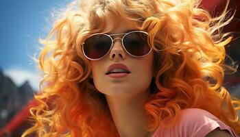 uma lindo jovem mulher com encaracolado loiro cabelo vestindo oculos de sol gerado de ai foto