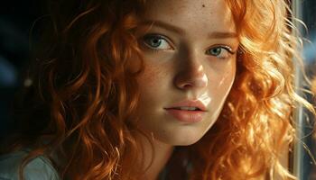 sorridente mulher com encaracolado cabelo olhando às Câmera, irradiando beleza gerado de ai foto