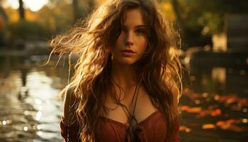 jovem mulher com grandes Castanho cabelo desfrutando natureza beleza ao ar livre gerado de ai foto