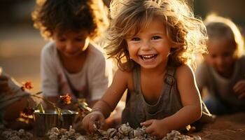 sorridente crianças jogando ao ar livre, desfrutando natureza, vínculo dentro alegre união gerado de ai foto