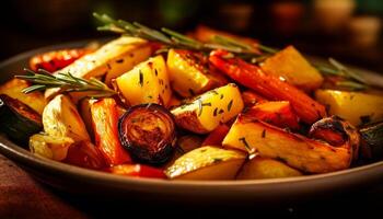 grelhado carne e legumes em uma rústico de madeira prato gerado de ai foto