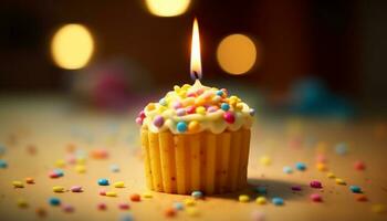 aniversário celebração com vela, Bolinho, sobremesa, e colorida decorações gerado de ai foto