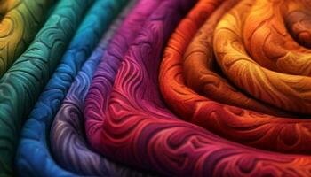 multi colori têxtil padrão, fechar acima seda material, vibrante cores roupas Projeto gerado de ai foto