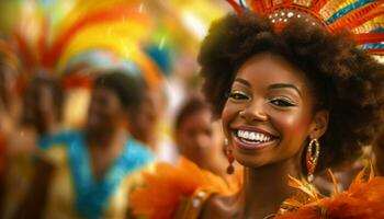 sorridente jovem mulheres comemoro, dançando ao ar livre às uma brasileiro festa gerado de ai foto