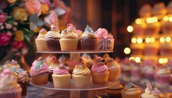 Bolinho sobremesa, cozido com glacê, decoração, doce chocolate gourmet fada gerado de ai foto