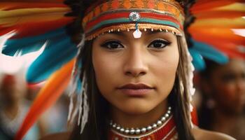 uma jovem indígena mulher dentro tradicional roupas sorridente às Câmera gerado de ai foto