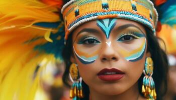 sorridente jovem mulher dentro colorida tradicional roupas, olhando às Câmera gerado de ai foto