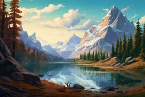 fantasia panorama com montanhas, lago e floresta. digital pintura, lago dentro a montanhas, ai gerado foto