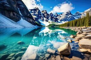 lindo morena lago dentro banff nacional parque, alberta, Canadá, lago morena, banff nacional parque, ai gerado foto