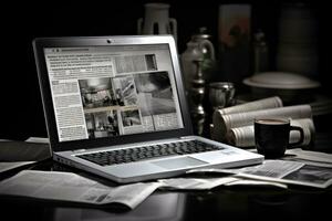 computador portátil em uma escrivaninha com uma jornal e uma copo do café, computador portátil e jornais em Preto e branco fundo, o negócio ainda vida, ai gerado foto