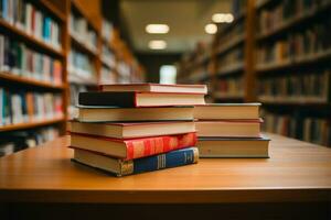 organizado livros no topo mesa, biblioteca prateleiras borrão a acadêmico pano de fundo ai gerado foto