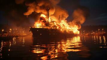 ampla carga comerciante navio queimaduras com aberto chama às mar, fogo em uma carga navio foto