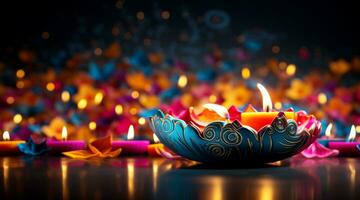 uma foto do uma festivo diwali vela com colorida fundo e bokeh luz