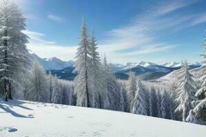 inverno com fresco neve coberto florestas e montanhas. fundo. ai generativo pró foto