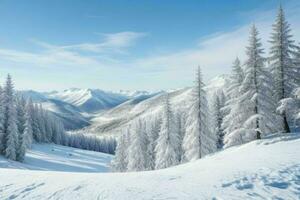 inverno com fresco neve coberto florestas e montanhas. fundo. ai generativo pró foto