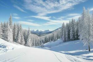 inverno com fresco neve coberto florestas e montanhas. fundo. ai generativo pró foto