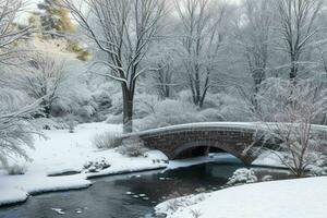 inverno às a jardim, mostrando uma ponte sobre congeladas água e árvores coberto com neve. fundo. ai generativo pró foto