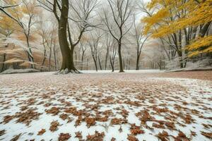 caído folhas dentro Nevado floresta parque. fundo. ai generativo pró foto