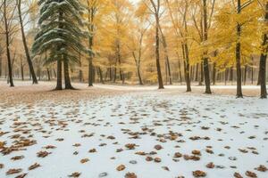 caído folhas dentro Nevado floresta parque. fundo. ai generativo pró foto