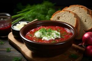 tradicional ucraniano borscht . tigela do vermelho beterraba sopa borscht com branco creme. tradicional ucraniano Comida cozinha ai generativo foto