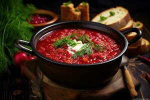 tradicional ucraniano borscht . tigela do vermelho beterraba sopa borscht com branco creme. tradicional ucraniano Comida cozinha ai generativo foto