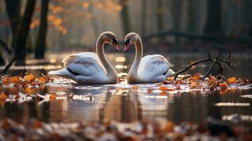 foto do coração derretido dois cisnes com a ênfase em expressão do amar. generativo ai