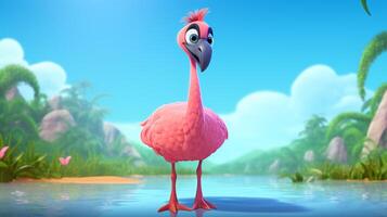 uma fofa pequeno flamingo dentro Disney desenho animado estilo. generativo ai foto