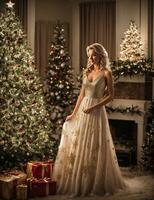 uma lindo mulher com Natal árvore, feliz Novo ano conceito, ai gerado foto