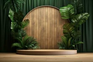 madeira pedestal pódio com folha dentro fundo para produtos apresentação generativo de ai foto