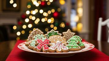 ai generativo fechar acima tiro do Natal biscoitos com lindo decorações foto