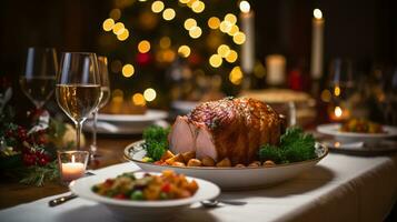 ai generativo Natal jantar mesa, belas decorado com cremoso bokeh Natal luzes dentro a fundo foto