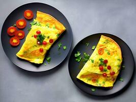 omelete com tomates e salsinha em uma cinzento fundo. ai generativo foto