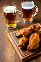 grelhado frango asas e uma vidro do Cerveja em uma de madeira mesa. generativo ai. foto