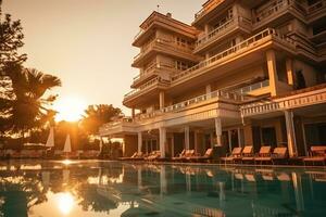 uma lindo moderno hotel com a ao ar livre piscina às pôr do sol. a conceito do lazer, turismo. gerado de artificial inteligência foto