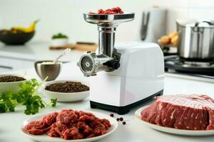 elétrico carne moedor com carne picadinho cozinhar. gerar ai foto