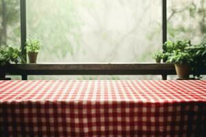 esvaziar mesa com vermelho e branco xadrez toalha de mesa. gerar ai foto