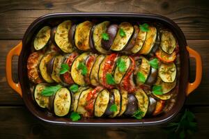 delicioso Ratatouille dentro cozimento prato. gerar ai foto