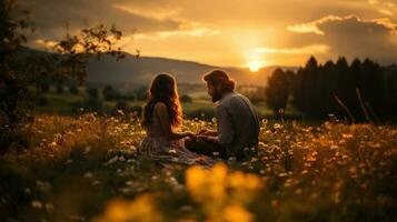 casal sentado em a Relva romântico piquenique dentro a Prado às pôr do sol. foto