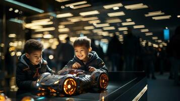 dois pequeno Rapazes, irmãos, jogando com robótico carro dentro Ciência museu. crianças entretenimento e Novo tecnologias. foto