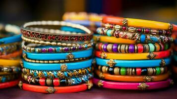 uma coleção do colorida pulseiras com a palavra Maharani foto