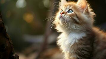 uma fofa fofo gatinho sentado olhando acima com brincalhão foto