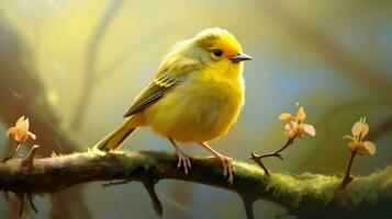 uma fofa amarelo pássaro empoleirar-se em uma ramo dentro natureza foto