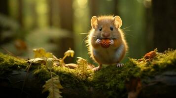 uma fofa pequeno roedor comendo dentro a floresta olhando fofo foto